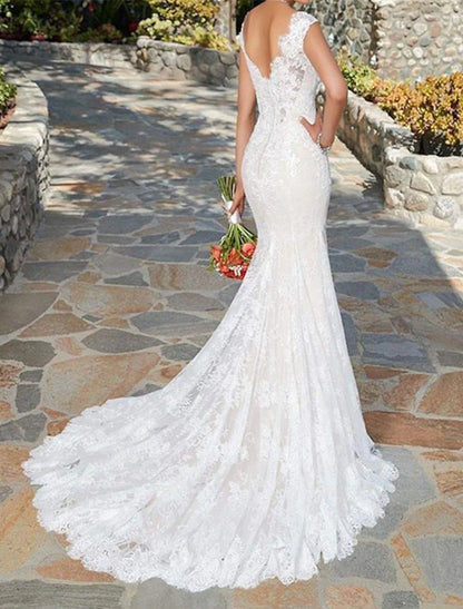 Vestidos de novia formales y sexys, corte sirena/trompeta, escote en V, mangas cortas, cola de corte, vestidos de novia de encaje con apliques