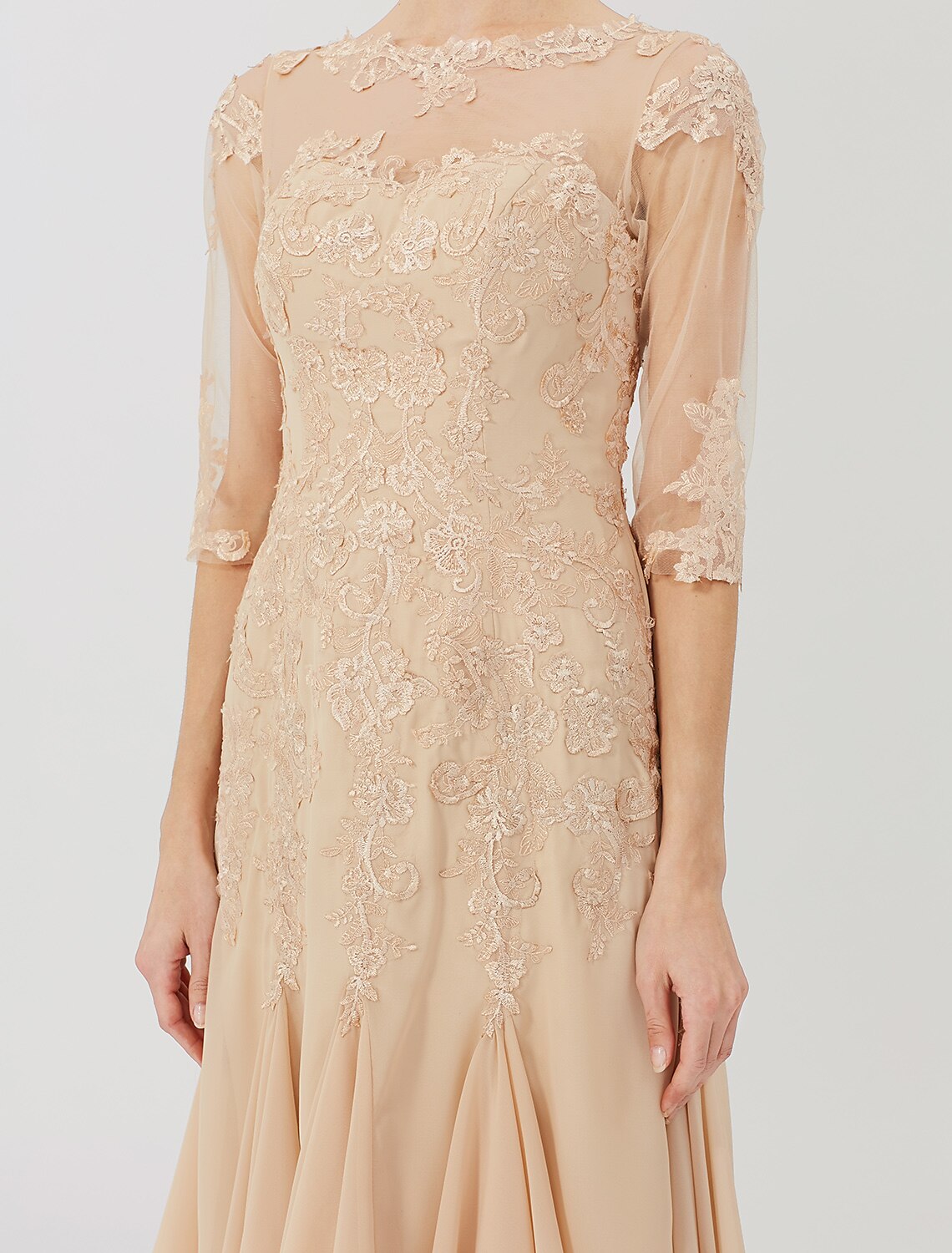 Sheath / Column Mother of the Bride Dress Classic & Timeless Elegant & Luxurious Beautiful Back Illusion Neck Knee Length Chiffon All Over Lace Half Sleeve with Appliques