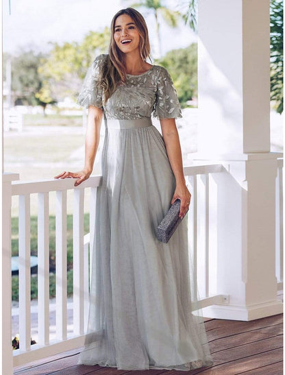 A-Line Empire Elegant Party Wear Prom Dress Jewel Neck Short Sleeve Floor Length Tulle with Embroidery