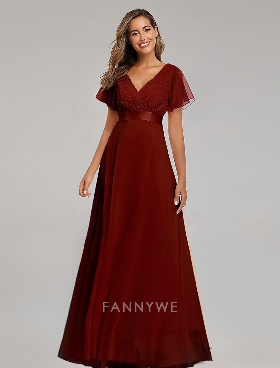 FannyWe Simple A-Line Prom Dresses Elegant Dress Wedding Guest Graduation Floor Length Short Sleeve V Neck Bridesmaid Dress Chiffon V Back with Ruched Ruffles