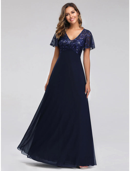 Vestido elegante de dama de honor con corte en A, largo hasta el suelo, manga corta, escote en V, tul con apliques de lentejuelas