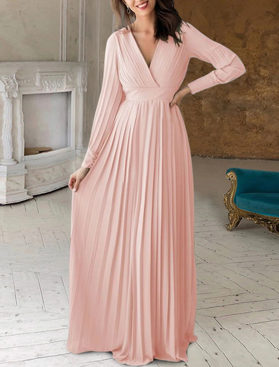 A-Line Mother of the Bride Dress Formal Wedding Guest Elegant V Neck Floor Length Chiffon Long Sleeve with Pleats