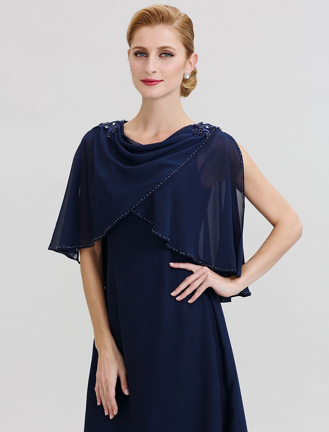 A-Line Mother of the Bride Dress Elegant Cowl Neck Floor Length Chiffon Half Sleeve with Beading
