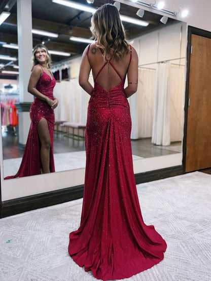 Vestido de fiesta largo de jersey brillante con escote en V y abertura de sirena