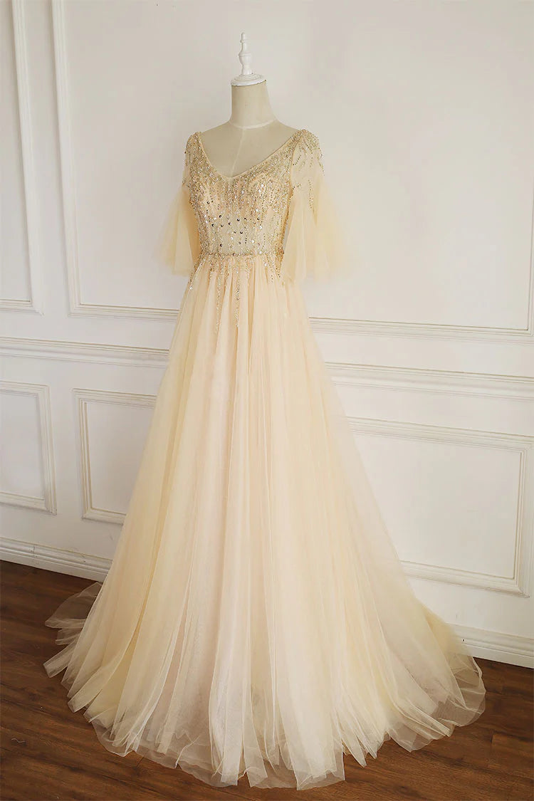 V neck tulle sequin long prom dress