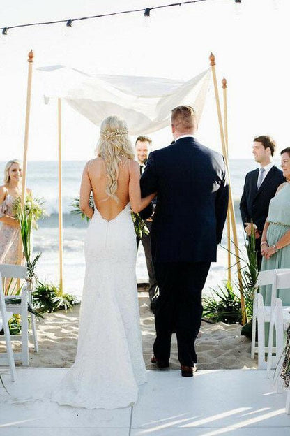 Spaghetti Beach Straps V Neck Lace Backless Wedding Gown Wedding Dresses