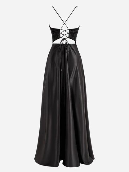 A-Linien-Ballkleid aus Satin mit V-Ausschnitt und Schlitz