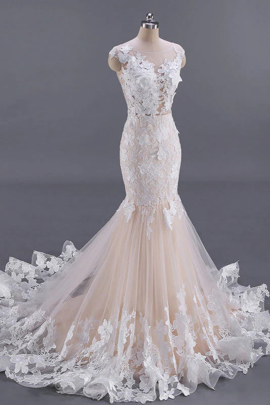 Unique tulle lace long Wedding Dresses