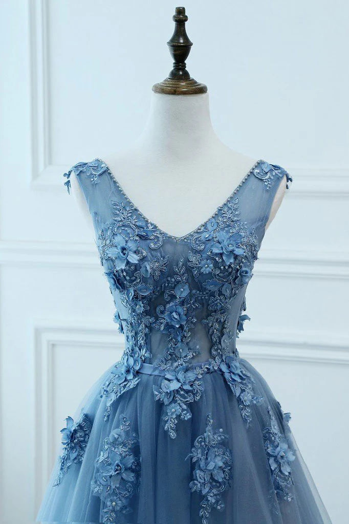 V neck tulle lace long prom dress