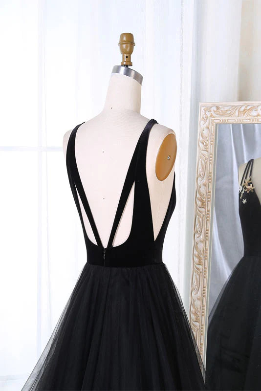 Simple tulle v neck long prom dress