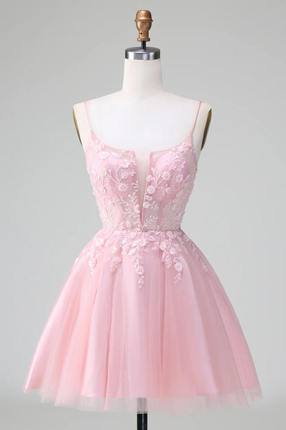 A Line Cute Glitter Beaded Corset Tulle Homecoming Dress with Appliques