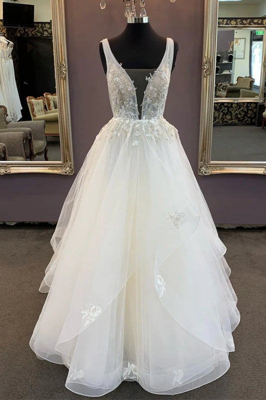 V neck tulle lace long prom dress