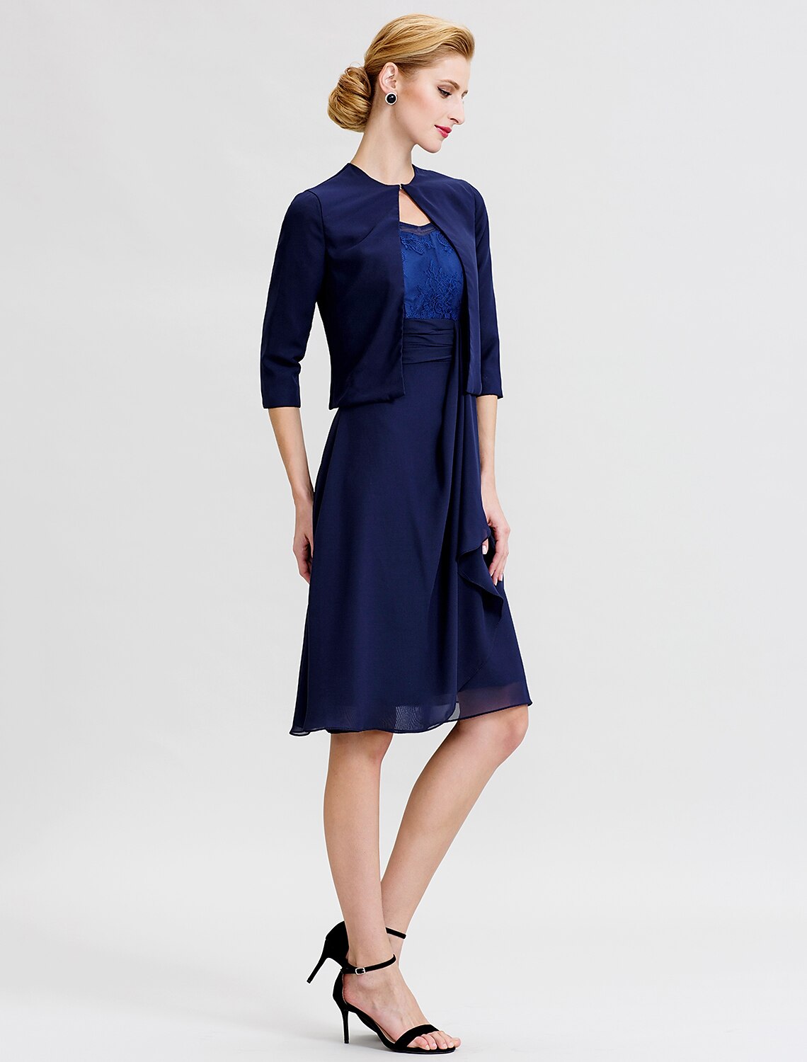 A-Line / Two Piece Jewel Neck Knee Length Chiffon / Corded Lace Mother of the Bride Dress with Sash / Ribbon