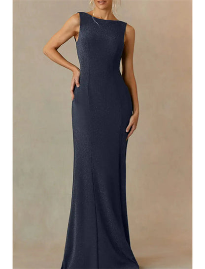 Mermaid / Trumpet Mother of the Bride Dress Wedding Guest Minimalist Sparkle & Shine Elegant Bateau Neck Floor Length Polyester Sleeveless with Solid Color