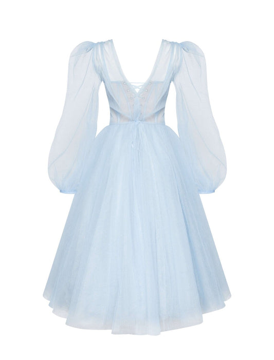 Two Piece A-Line Prom Dresses Elegant Dress Wedding Guest Prom Tea Length Half Sleeve Sweetheart Tulle with Pleats Pure Color