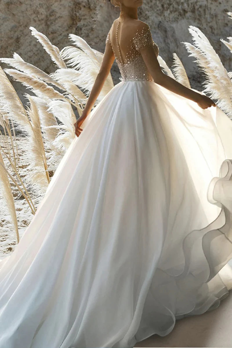 A Line Beach Formal Short Sleeves Beading Wedding Dress