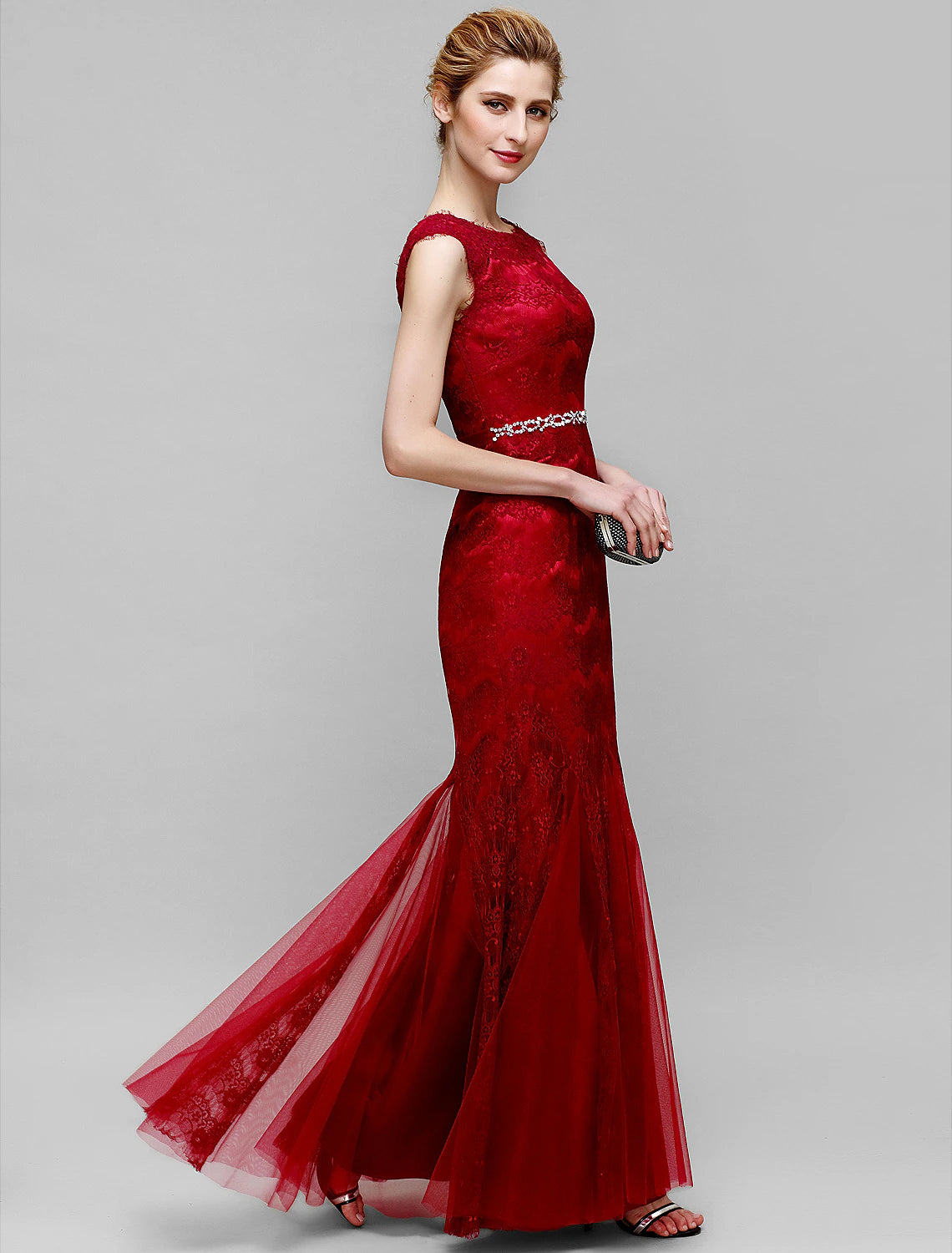 Mermaid / Trumpet Mother of the Bride Dress Jewel Neck Ankle Length Lace Tulle Sleeveless No with Lace Crystals