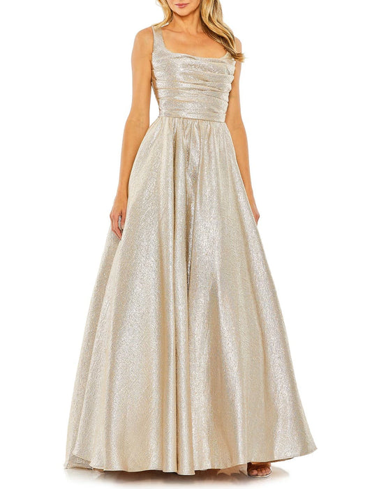 Vestidos de fiesta de corte A, brillantes, para bodas, cumpleaños, largo hasta el suelo, sin mangas, escote redondo, satén con fruncido