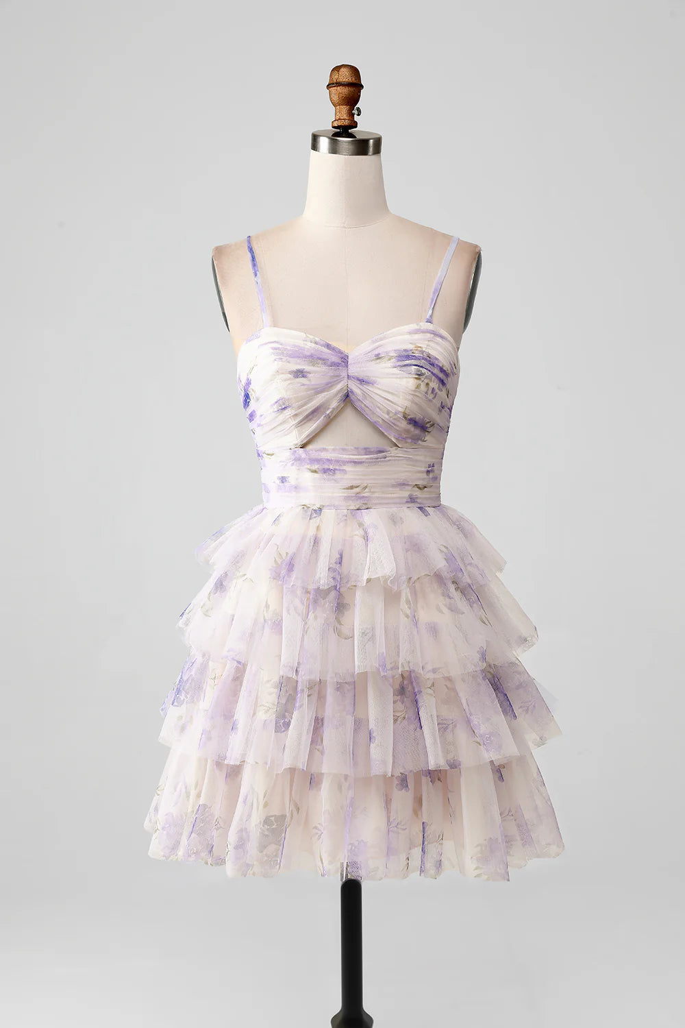 A Line Cute Spaghetti Straps Tulle Tiered Short Homecoming Dress