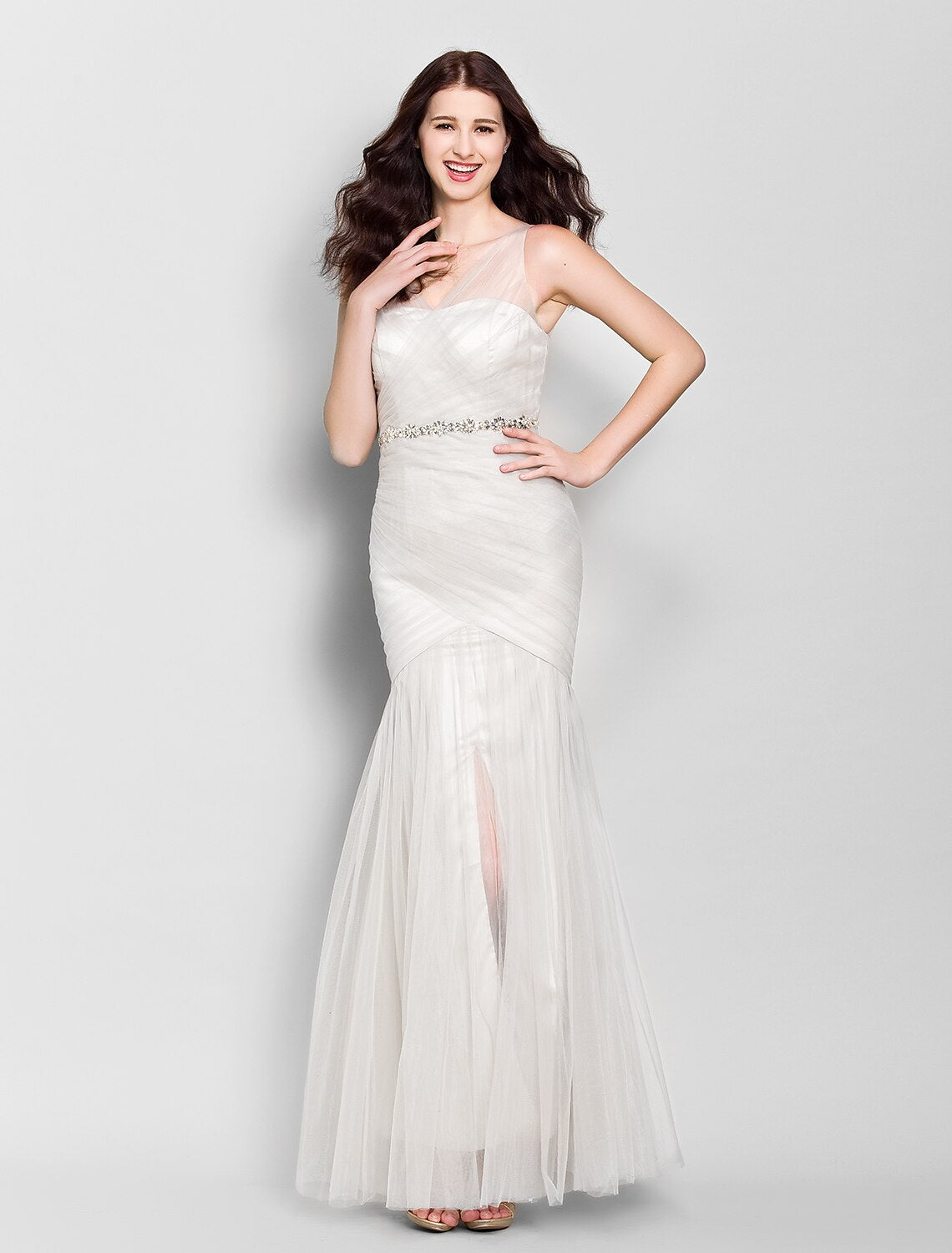 Mermaid / Trumpet V Neck Floor Length Tulle Bridesmaid Dress with Crystals / Criss Cross