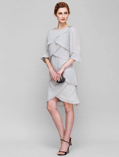 Sheath / Column Mother of the Bride Dress Scoop Neck Knee Length Chiffon Long Sleeve No with Beading