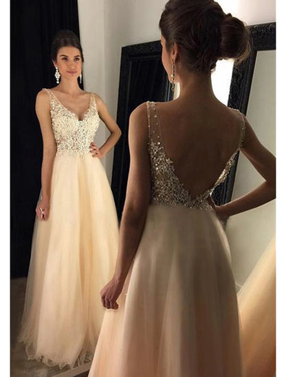 Vestidos de fiesta de corte A, brillantes y con brillo, para invitados de boda, formales, largos hasta el suelo, sin mangas, escote en V, tul, espalda en V con apliques de cuentas.