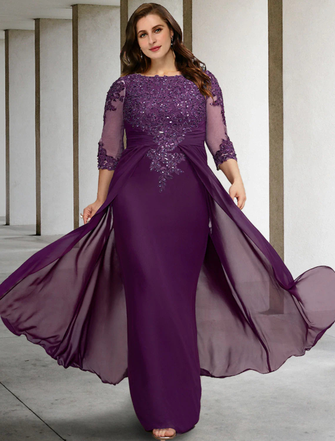 Vestido tubo/columna de talla grande con curvas para madre de la novia, elegante, formal, para invitada de boda, largo hasta el suelo, media manga, cuello joya, gasa con apliques de cuentas fruncidas