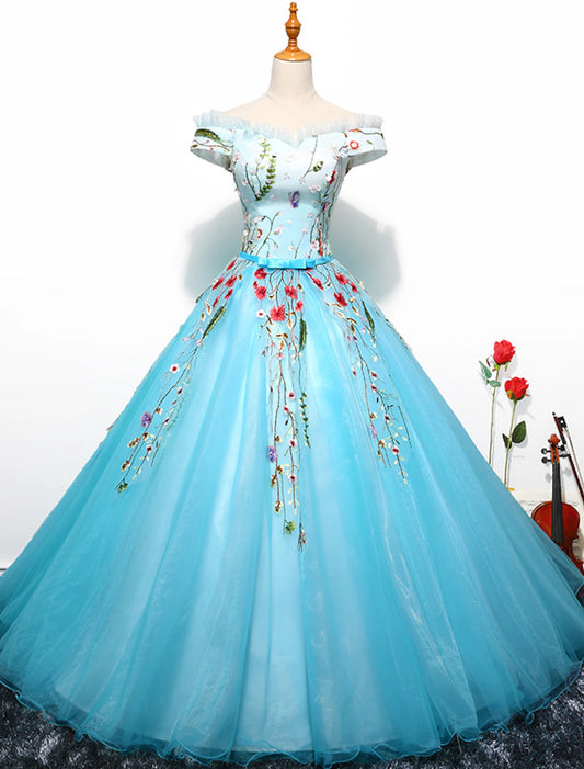 Ballkleid-Ballkleider, luxuriöses Kleid für Quinceanera, bodenlang, kurze Ärmel, schulterfrei, Tüll mit Faltenstickerei