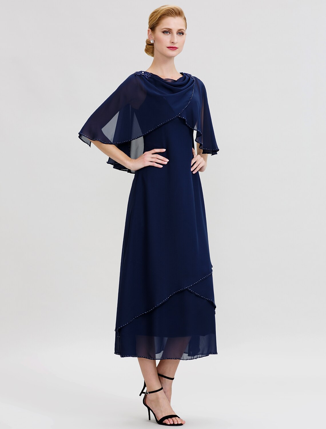 A-Line Mother of the Bride Dress Elegant Cowl Neck Floor Length Chiffon Half Sleeve with Beading