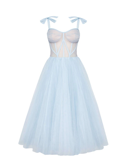 Two Piece A-Line Prom Dresses Elegant Dress Wedding Guest Prom Tea Length Half Sleeve Sweetheart Tulle with Pleats Pure Color