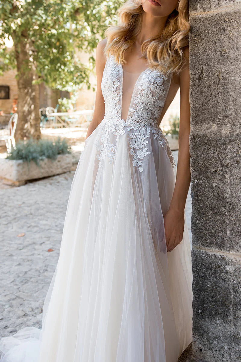 A Line V Neck Lace Appliques Boho Wedding Dress
