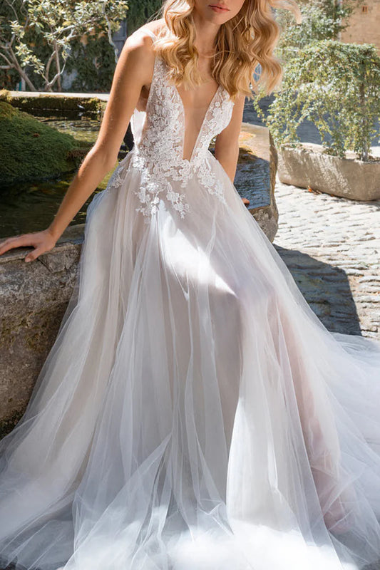A Line V Neck Lace Appliques Boho Wedding Dress