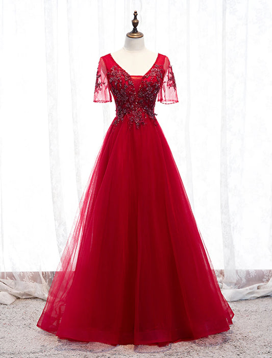 A-Linie Ballkleider Luxuriöses Kleid für Hochzeitsgäste, formeller Abend, bodenlang, kurze Ärmel, Spaghettiträger, Tüll mit Perlenapplikationen