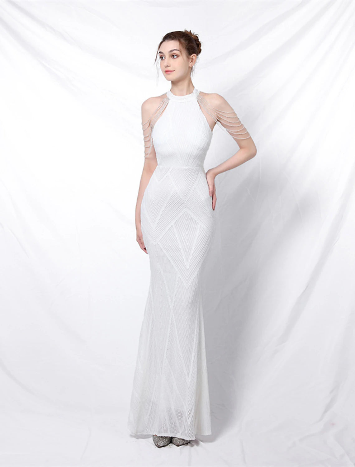 Vestido de fiesta de sirena, vestido de graduación, vestido brillante y resplandeciente, vestido formal para invitados de boda, largo hasta el suelo, sin mangas, cuello halter, con lentejuelas