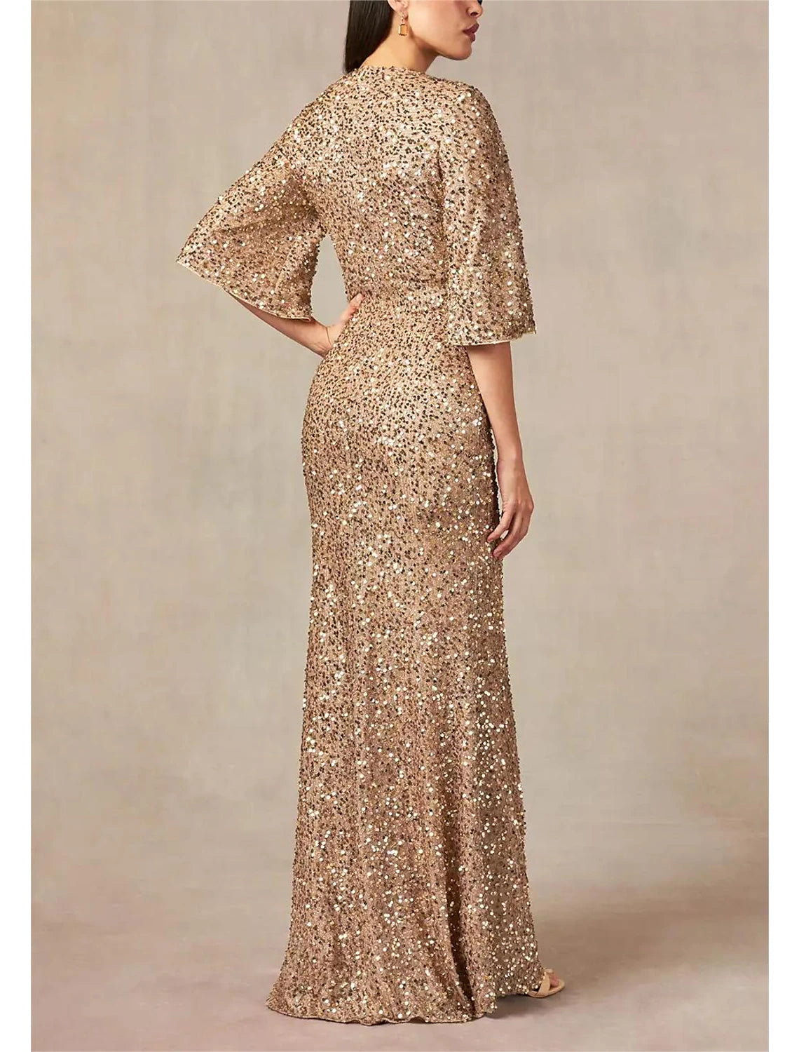 Mermaid / Trumpet Mother of the Bride Dress Formal Wedding Guest Elegant V Neck Floor Length Sequined Half Sleeve with Sequin