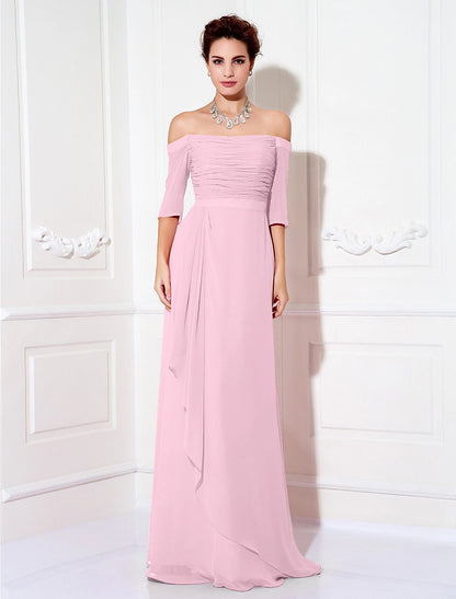 Sheath / Column Minimalist Dress Wedding Guest Formal Evening Sweep / Brush Train Half Sleeve Off Shoulder Bridesmaid Dress Chiffon with Ruched Draping