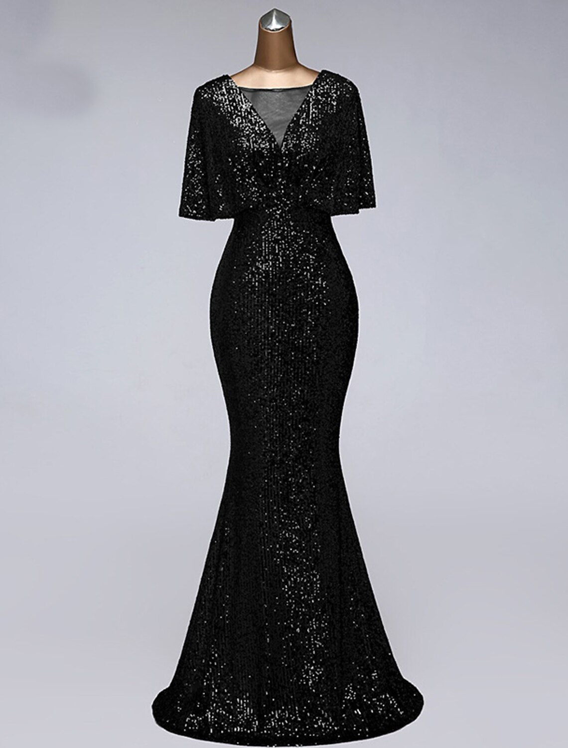 Vestidos de fiesta de sirena/trompeta, vestido brillante, para invitadas de boda, para graduación, largo hasta el suelo, media manga, cuello ilusión, con lentejuelas y volantes de lentejuelas