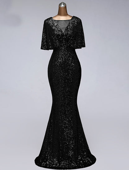 Mermaid / Trumpet Prom Dresses Sparkle Dress Wedding Guest Prom Floor Length Half Sleeve Illusion Neck Sequined with Sequin Ruffles