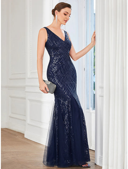 A-Linie Partykleider Sparkle &amp; Shine Kleid Hochzeitsgast Valentinstag Bodenlang Ärmellos V-Ausschnitt Tüll mit Pailletten