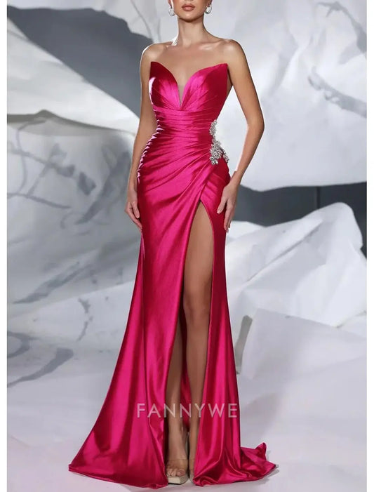 FannyWe Vestidos de fiesta sencillos de corte A, elegantes, formales, largos hasta el suelo, sin mangas, sin tirantes, de satén con purpurina y lentejuelas fruncidas, vestido de mascarada 