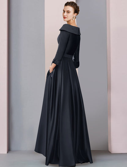 A-Linie Kleid für die Mutter der Braut, Hochzeitsgast, elegant, hoch, tief, U-Ausschnitt, asymmetrisch, knielang, Satin, 3/4-Ärmel, mit Schleife(n), Falten