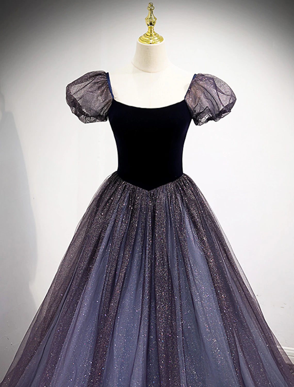 Ballkleid-Abschlussballkleider, süßes Kleid, Verlobungs-Abschlussball, bodenlang, kurze Ärmel, quadratischer Ausschnitt, Tüll mit Pailletten-Spleißen