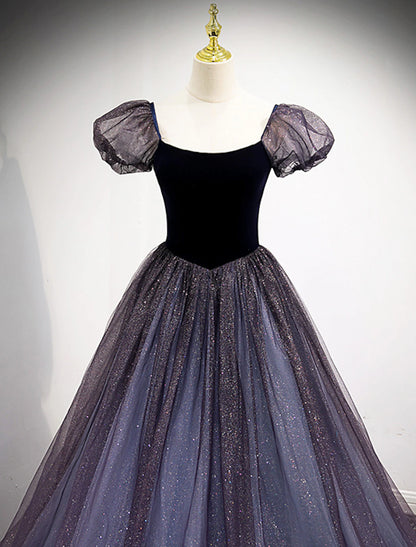 Ballkleid-Abschlussballkleider, süßes Kleid, Verlobungs-Abschlussball, bodenlang, kurze Ärmel, quadratischer Ausschnitt, Tüll mit Pailletten-Spleißen
