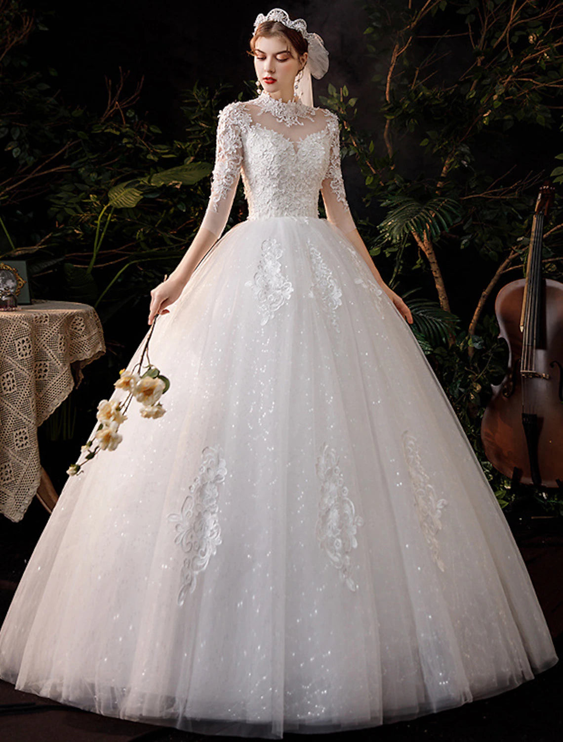 Vestidos de novia de recepción, vestido de baile, cuello alto, media manga, largo hasta el suelo, vestidos de novia de encaje con apliques