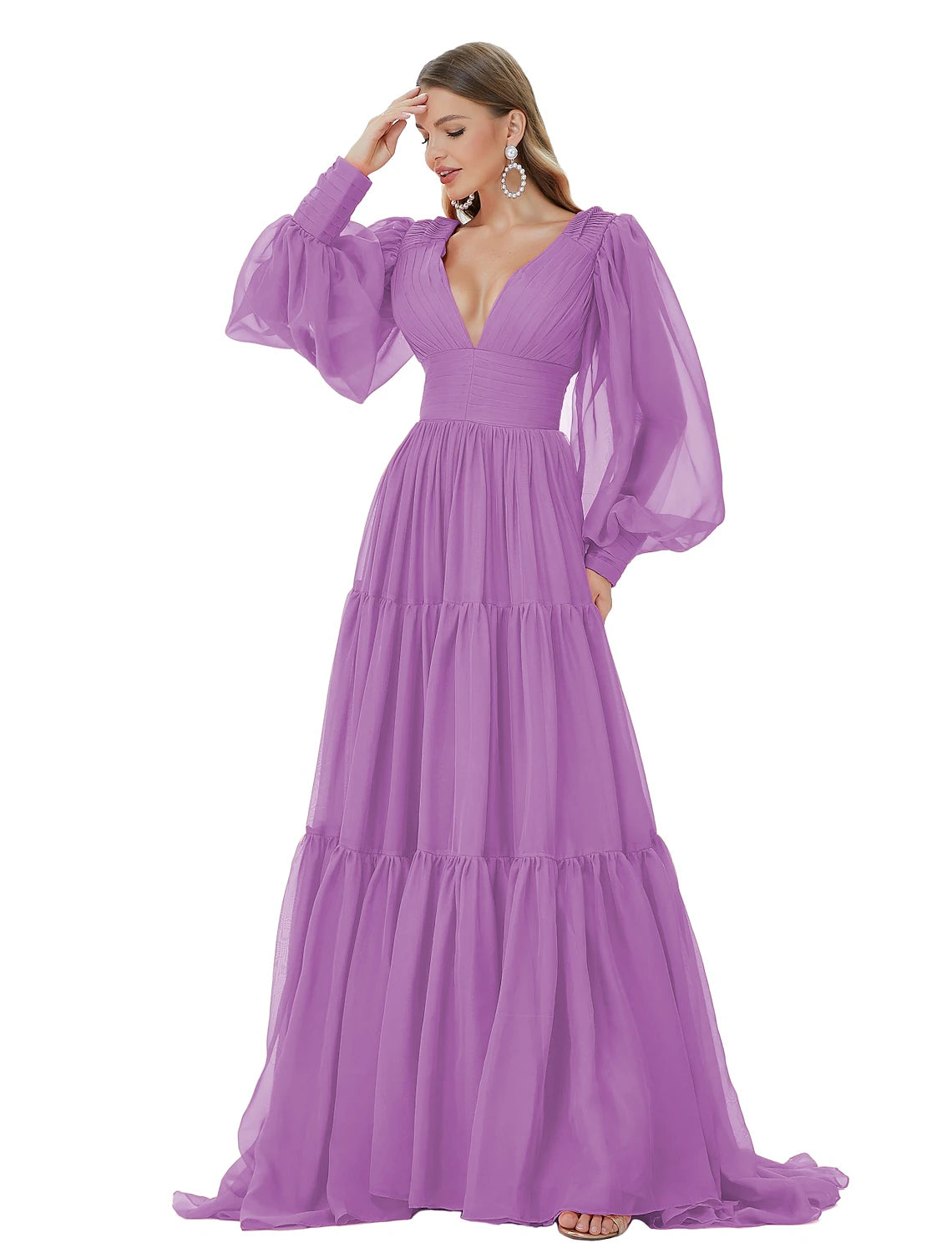 Vestidos de fiesta de corte A, sexys, para fiesta, formales, de noche, con cola larga y escote en V, de gasa con fruncido.