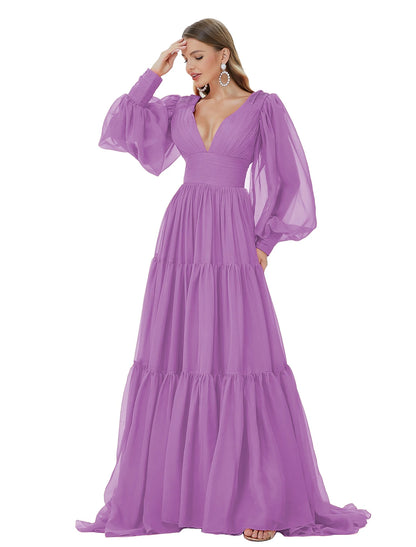 Vestidos de fiesta de corte A, sexys, para fiesta, formales, de noche, con cola larga y escote en V, de gasa con fruncido.