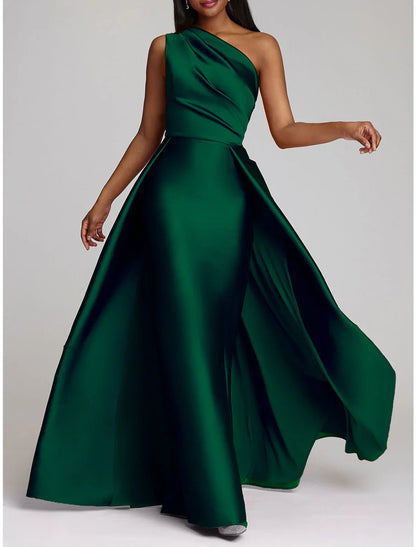 Sheath / Column Evening Gown Elegant Dress Wedding Guest Cocktail Party Floor Length Sleeveless One Shoulder Satin