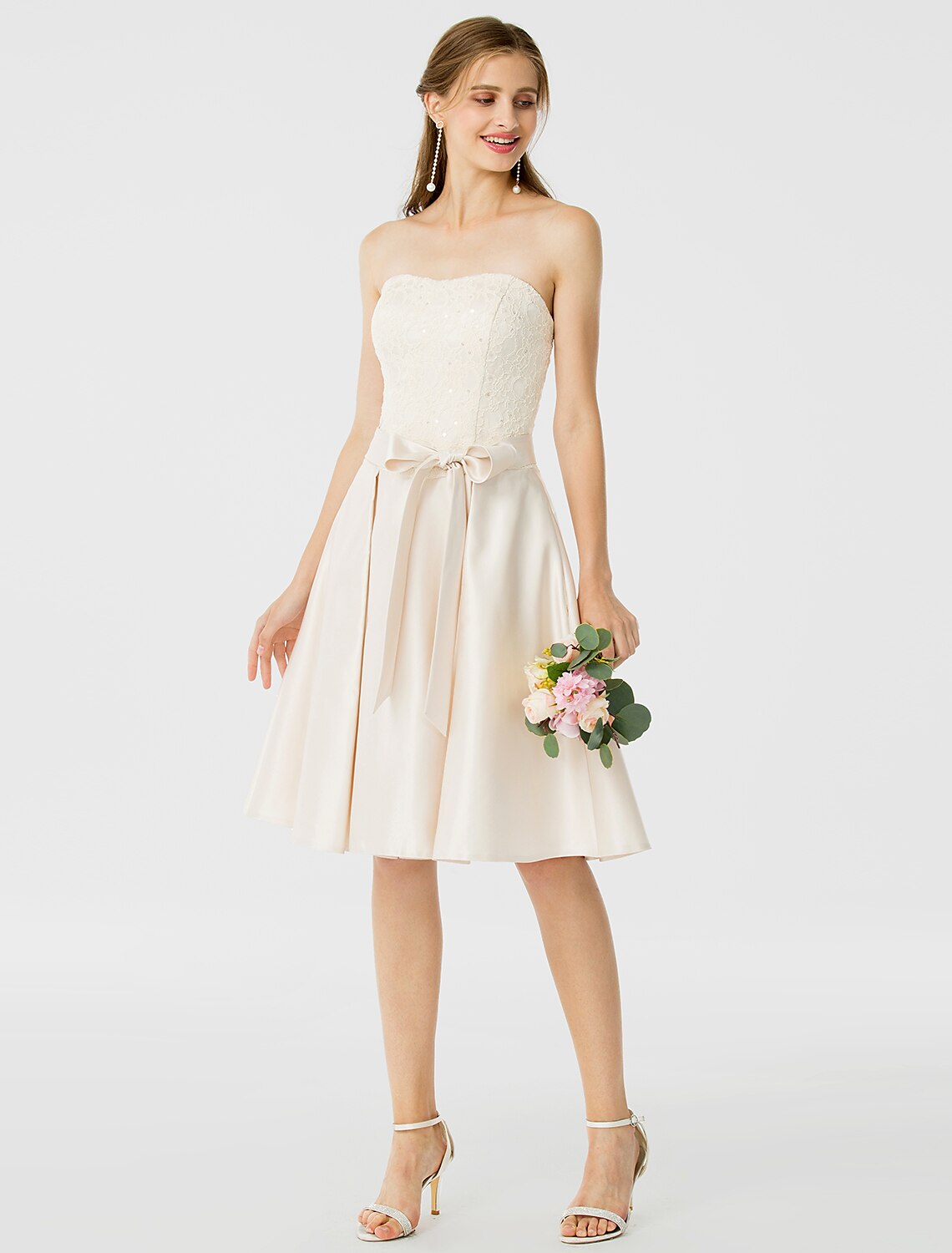 Princess / A-Line Bridesmaid Dress Strapless Sleeveless Open Back Knee Length Satin / Lace with Sash / Ribbon / Buttons