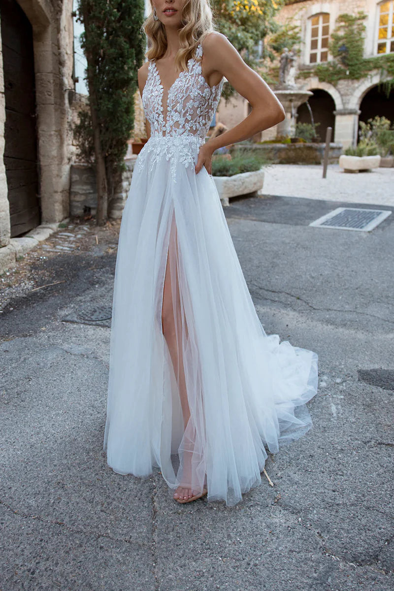 A Line Boho V Neck Lace Appliques Wedding Dress
