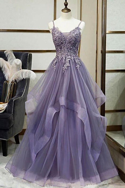 Spaghetti Tulle Lace Applique Straps Prom Dress With